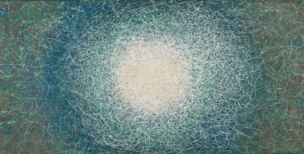 Jade 44” x 84” rice paper, minerals, oil on canvas