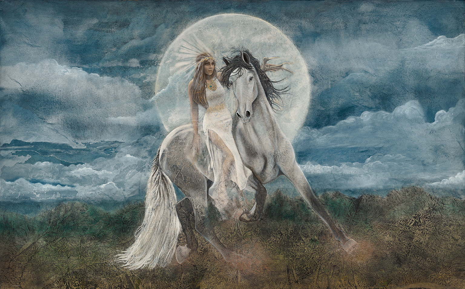 Wind Horse 42" x 74" rice paper, earth pigments, oil on canvas
