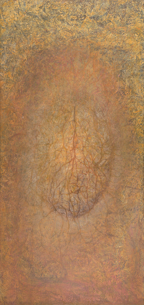 K’un 89” x 42” rice paper, minerals, encaustic, oil on canvas