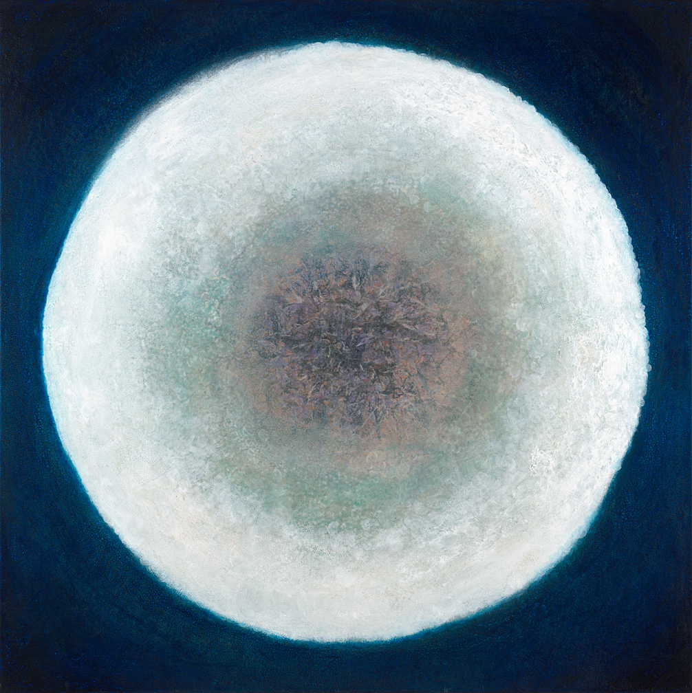 Eclipse 44”x 44” rice paper, minerals, oil on canvas