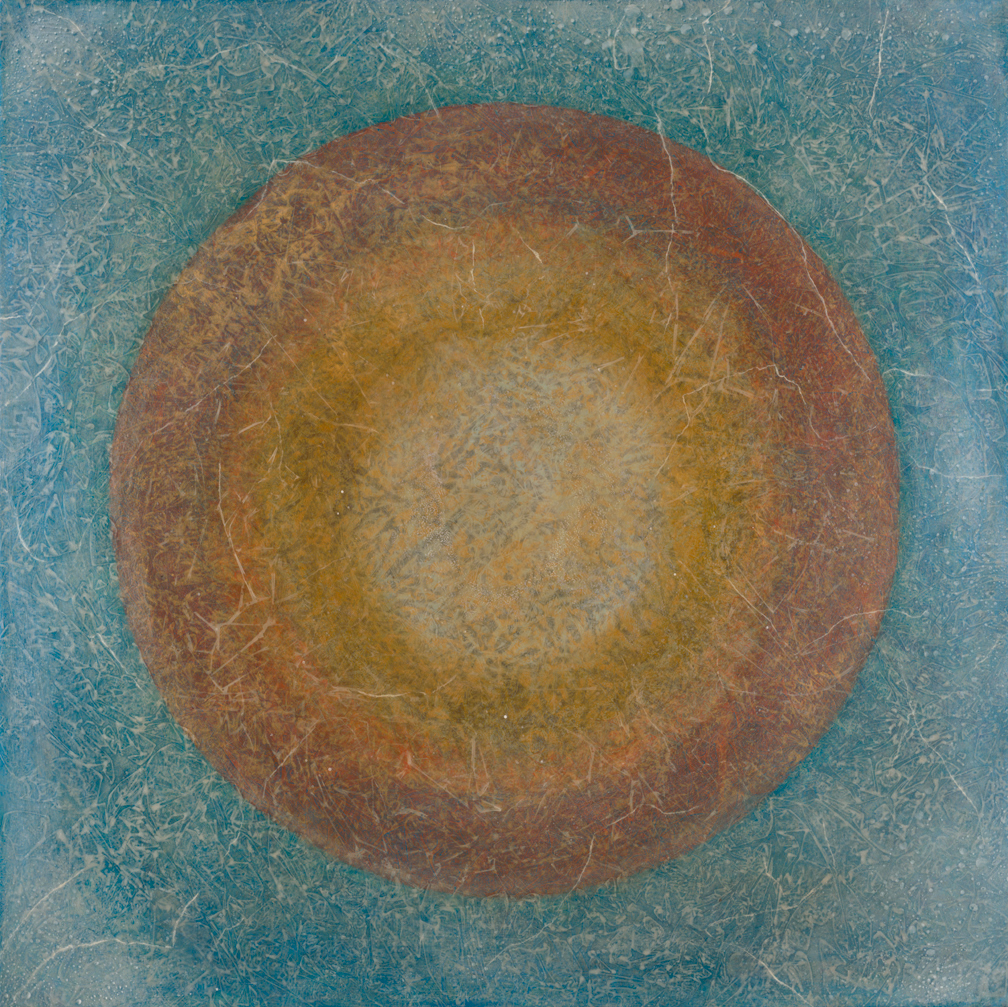 Myra 36” x 36” rice paper, minerals, encaustic on canvas