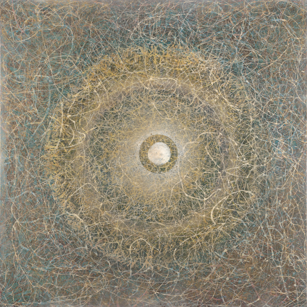 Nucleus  44” x44” rice paper, minerals, oil on canvas