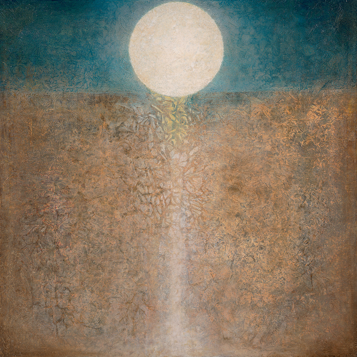 Passing Through   48” x 48” rice paper, minerals, oil on canvas