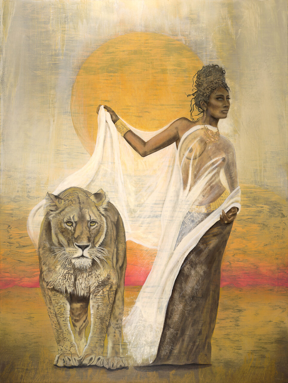 Lioness 96" x 72" rice paper, earth pigments, encaustic, oil on canvas