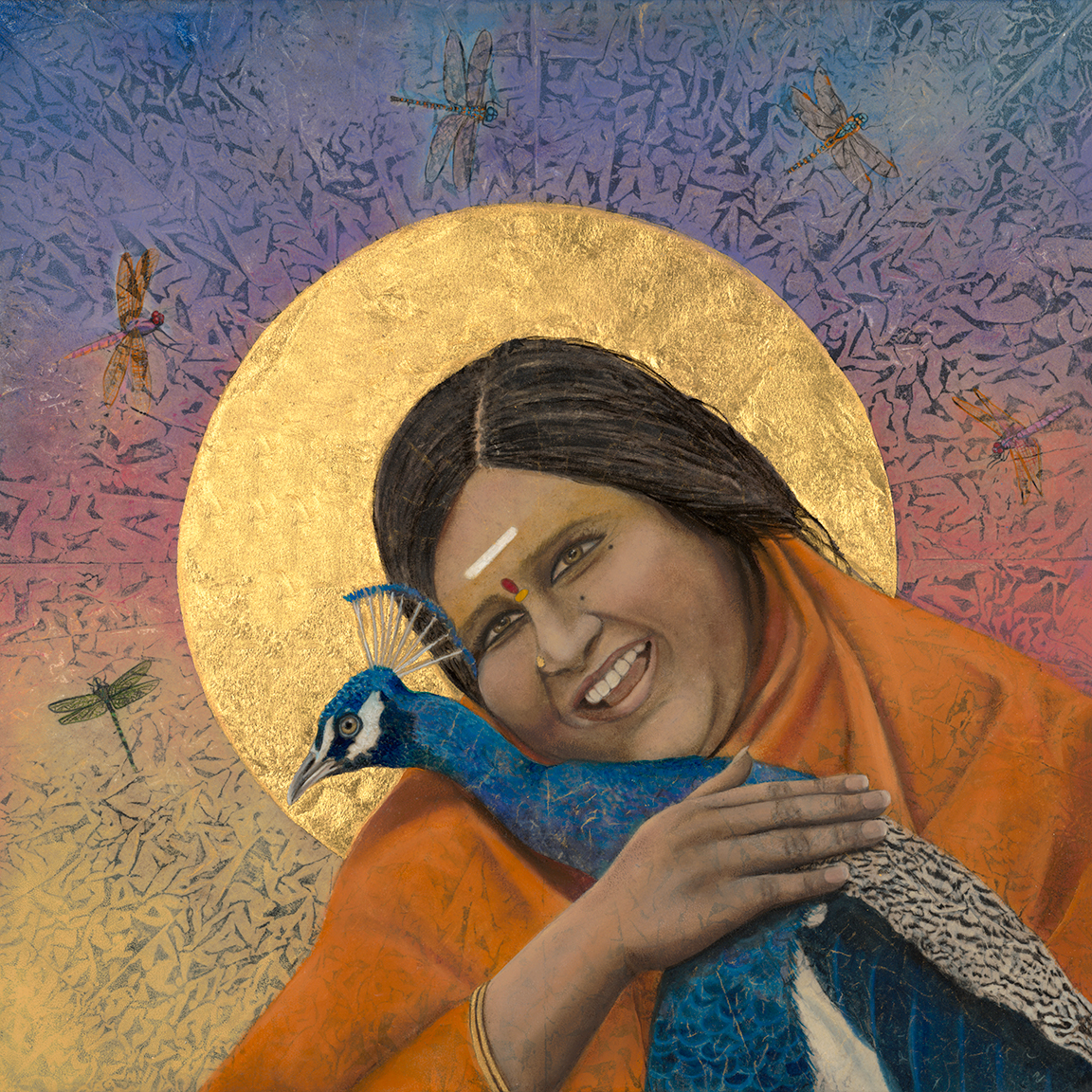 Amma Sri Karunamayi 24" x 24" rice paper, earth pigments, 23kt gold, encaustic, oil on panel